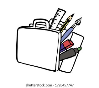 Case, open suitcase with art elements. Ruler, pencil, brush, eraser and marker pen. Hand drawn style vector illustration.