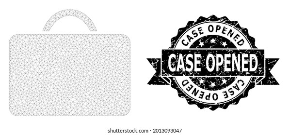 Case Opened dirty seal and vector case mesh model. Black stamp seal contains Case Opened caption inside ribbon and rosette. Abstract flat mesh case, designed with flat mesh.