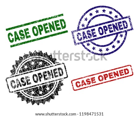 CASE OPENED seal prints with damaged style. Black, green,red,blue vector rubber prints of CASE OPENED title with dust style. Rubber seals with circle, rectangle, rosette shapes.