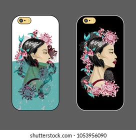 Case for phone with Japanese fashion girl in water with koi fish and flowers. Vector fashion illustration.