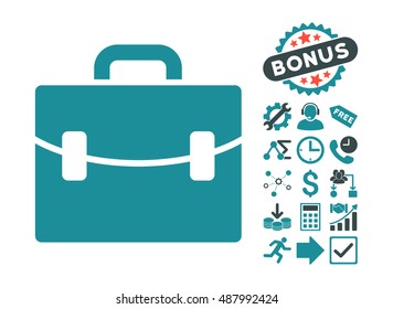 Case pictograph with bonus design elements. Vector illustration style is flat iconic bicolor symbols, soft blue colors, white background.