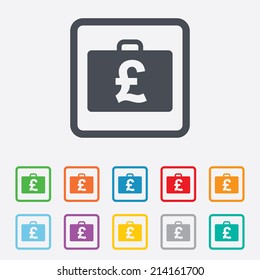 Case with Pounds GBP sign icon. Briefcase button. Round squares buttons with frame. Vector