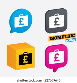 Case with Pounds GBP sign icon. Briefcase button. Isometric speech bubbles and cube. Rotated icons with edges. Vector