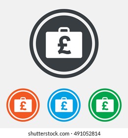 Case with Pounds GBP sign icon. Briefcase button. Graphic design web element. Flat diplomat symbol on the round button. Vector