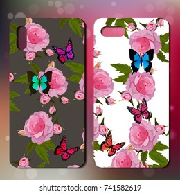 Case with roses and butterflies for smart phone back. Phone cover example