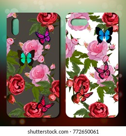 Case with roses and butterflies for smart phone back. Phone cover example