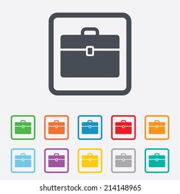 Case sign icon. Briefcase button. Round squares buttons with frame. Vector