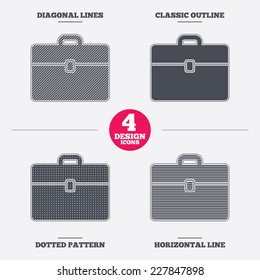 Case sign icon. Briefcase button. Diagonal and horizontal lines, classic outline, dotted texture. Pattern design icons.  Vector