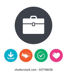 Case sign icon. Briefcase button. Download arrow, handshake, tick and heart. Flat circle buttons.