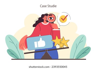 Case Studies concept. Detailed analysis and success stories highlighted through social media metrics and client testimonials. Flat vector illustration.