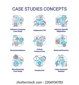 Case studies concept icons set. Examination of important events. Researching process idea thin line color illustrations. Isolated symbols. Editable stroke. Roboto-Medium, Myriad Pro-Bold fonts used