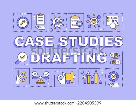 Case studies drafting word concepts purple banner. Complementation. Infographics with editable icons on color background. Isolated typography. Vector illustration with text. Arial-Black font used