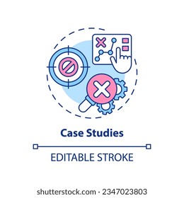 Case studies multi color concept icon. Problem solving skills. Hands on learning. Marketing strategy. Sales improvement. Round shape line illustration. Abstract idea. Graphic design. Easy to use