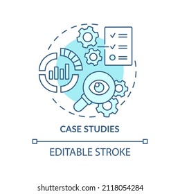 Icono de concepto turquesa de estudios de casos. Recopilación de datos publicitarios. Ilustración de línea delgada de ideas abstractas de tendencia de marketing. Dibujo de contorno aislado. Trazo editable. Fuentes Arial, Myriad Pro-Bold utilizadas