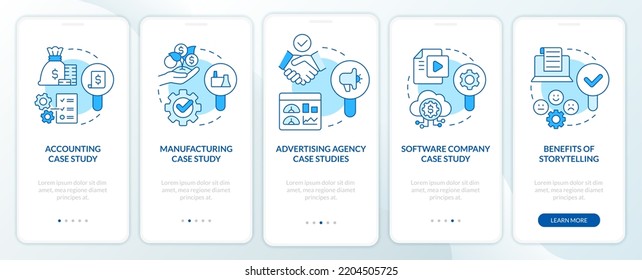 Case studies usage blue onboarding mobile app screen. Analytics walkthrough 5 steps editable graphic instructions with linear concepts. UI, UX, GUI template. Myriad Pro-Bold, Regular fonts used