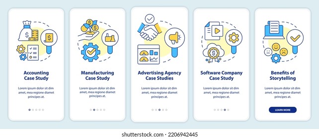 Case studies usage onboarding mobile app screen. Analytics walkthrough 5 steps editable graphic instructions with linear concepts. UI, UX, GUI template. Myriad Pro-Bold, Regular fonts used