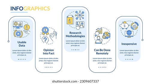 Case study advantages rectangle infographic template. Benefits. Data visualization with 5 steps. Editable timeline info chart. Workflow layout with line icons. Lato-Bold, Regular fonts used