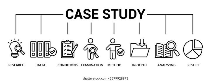 Case Study banner icon with research, data, conditions, examination, method, in-depth, analyzing, result