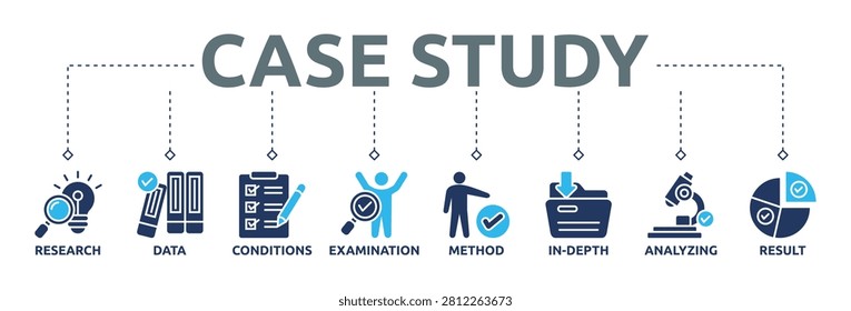 Case Study banner icons glyph dual color illustration containing research, data, conditions, examination, method, in-depth, analyzing, and result icons for research analysis, data evaluation, problem solving, and business insights