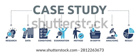 Case Study banner icons glyph dual color illustration containing research, data, conditions, examination, method, in-depth, analyzing, and result icons for research analysis, data evaluation, problem solving, and business insights