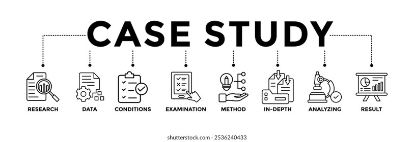 Iconos del Anuncio del estudio de caso fijados con el icono negro del contorno de la investigación, de los datos, de las condiciones, del examen, del método, en profundidad, analizando, y del resultado 
