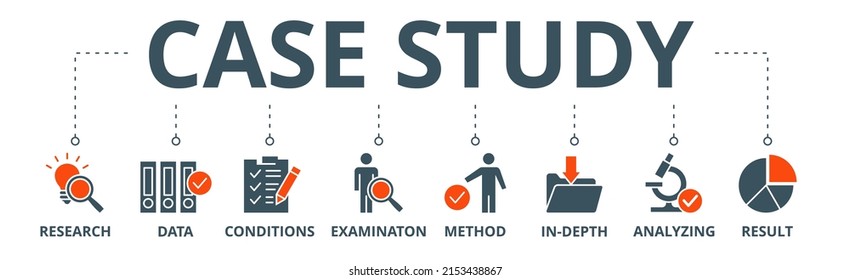 Case study banner web icon vector illustration concept with icon of research, data, conditions, examination, method, in-depth, analyzing, and result