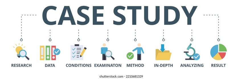 Case study banner web icon vector illustration concept with icon of research, data, conditions, examination, method, in-depth, analyzing, and result