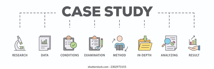 Case study banner web icon vector illustration concept with icon of research, data, conditions, examination, method, in-depth, analyzing, and result
