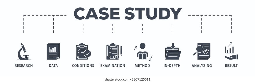 Beispiel-Studie-Banner-Vektorgrafik-Konzept mit Symbol für Forschung, Daten, Bedingungen, Prüfung, Methode, in der Tiefe, Analyse und Ergebnis
