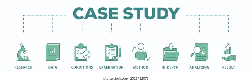 Case study banner web icon vector illustration concept with icon of research, data, conditions, examination, method, in-depth, analyzing, and result