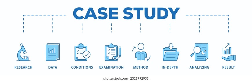 Case study banner web icon vector illustration concept with icon of research, data, conditions, examination, method, in-depth, analyzing, and result