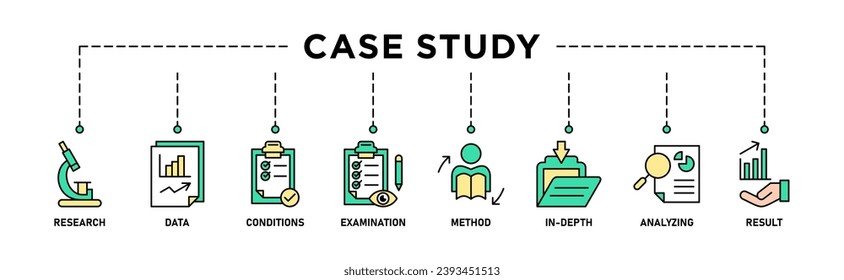 Case study banner web icon vector illustration concept with icon of research, data, conditions, examination, method, in-depth, analyzing, and result