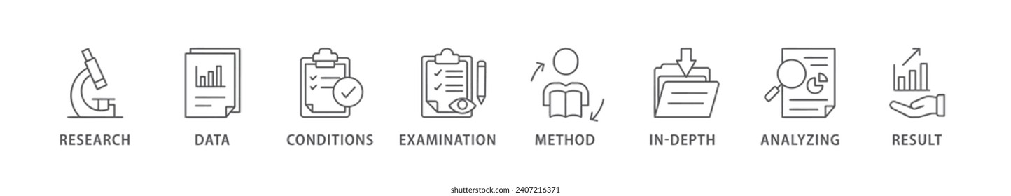 Case study banner web icon vector illustration concept with icon of research, data, conditions, examination, method, in-depth, analyzing, and result