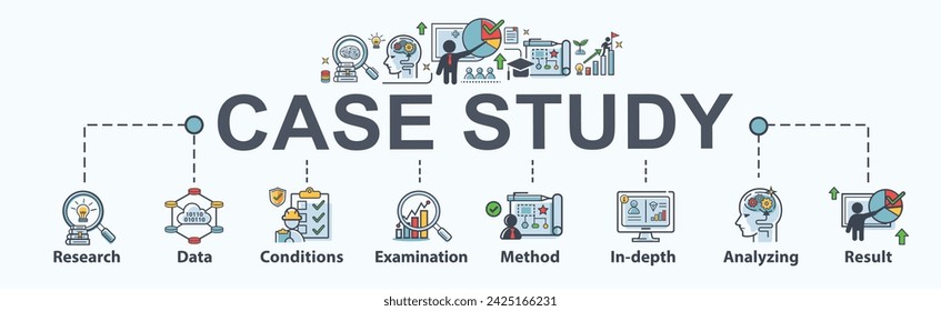 Case study banner web icon for Research and development, data, conditions, examination, method, in-depth, analyzing and result. Minimal vector cartoon infographic.