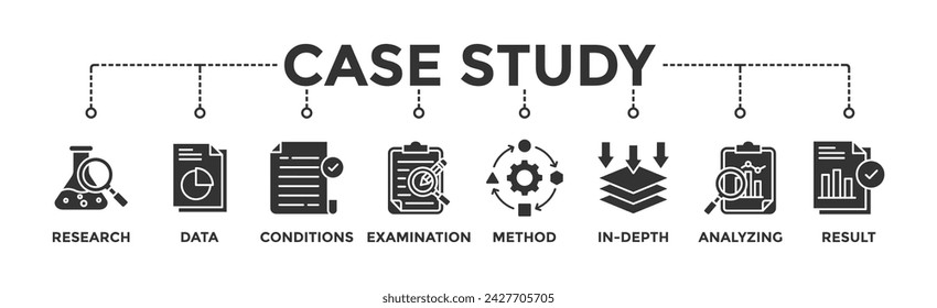 Case study banner web icon illustration concept with icon of research, data, conditions, examination, method, in-depth, analyzing, and result