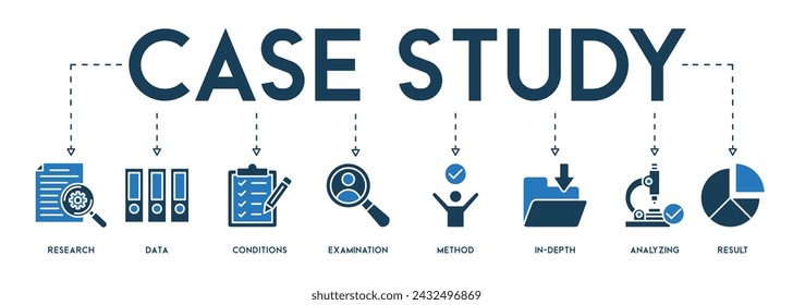 Case study banner web icon vector illustration concept with icon and symbol of research, data, conditions, examination, method, in-depth, analyzing