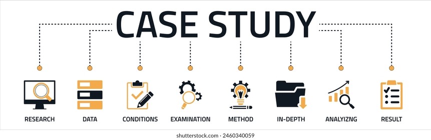 Case study banner web icon vector illustration concept with icon and symbol of research data conditions examination method in-depth analyzing and result