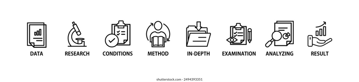 Case study banner web icon vector illustration concept with icon of research, data, conditions, examination, method, in-depth, analyzing, and result
