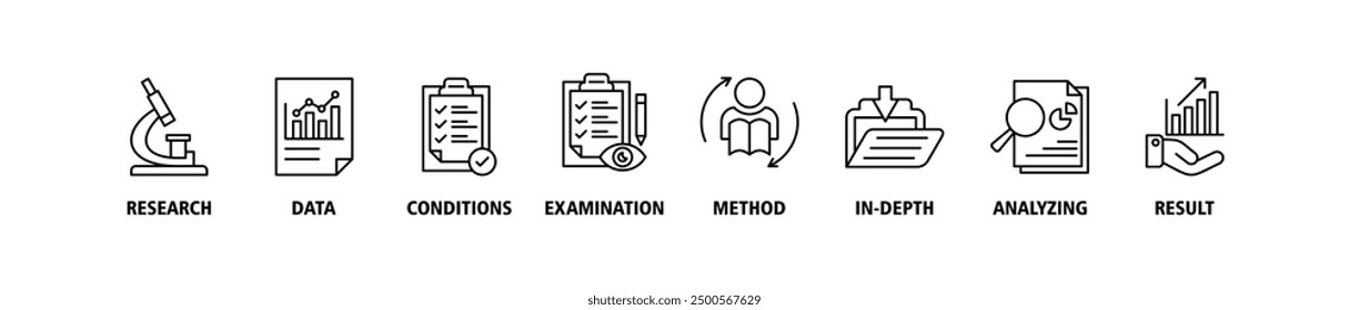 Case study banner web icon set illustration concept with icon for for Research and development, data, conditions, examination, method, in-depth, analyzing, and result icons symbol infographic