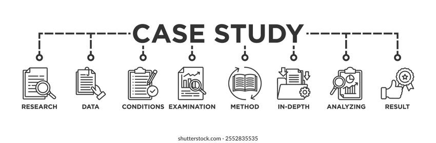 Case study banner web icon vector illustration concept with icon of research, data, conditions, examination, method, in-depth, analyzing, and result	