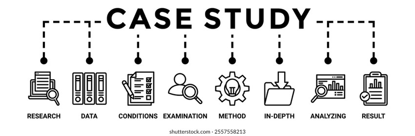 Case study banner web icon vector illustration concept with icon of research, data, conditions, examination, method, in-depth, analyzing, and result