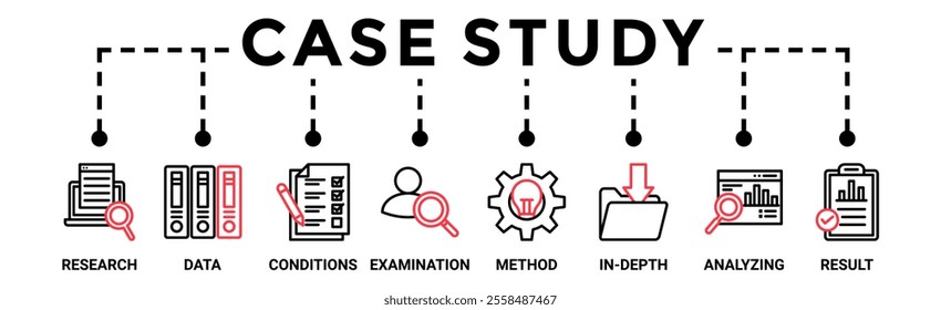 Case study banner web icon vector illustration concept with icon of research, data, conditions, examination, method, in-depth, analyzing, and result