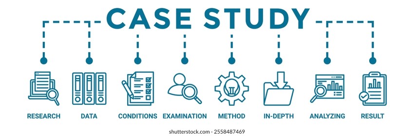 Case study banner web icon vector illustration concept with icon of research, data, conditions, examination, method, in-depth, analyzing, and result