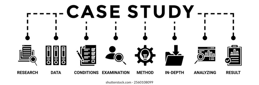 Case study banner web icon vector illustration concept with icon of research, data, conditions, examination, method, in-depth, analyzing, and result