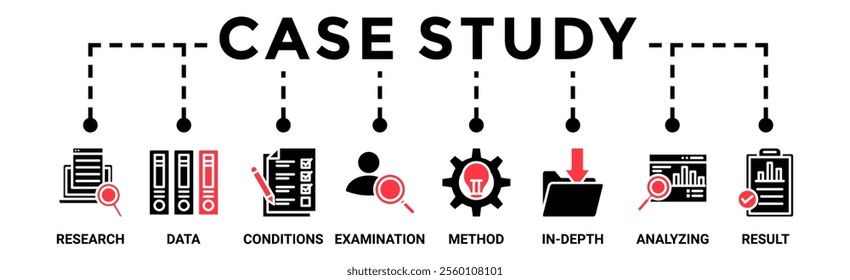 Case study banner web icon vector illustration concept with icon of research, data, conditions, examination, method, in-depth, analyzing, and result