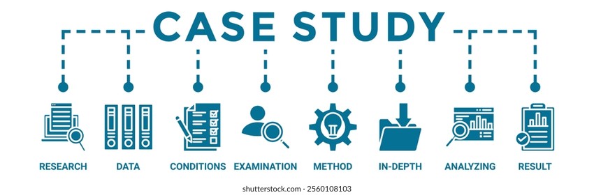 Case study banner web icon vector illustration concept with icon of research, data, conditions, examination, method, in-depth, analyzing, and result