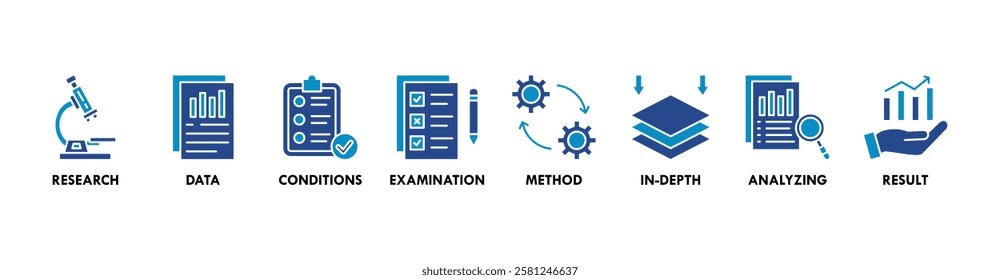 Case study banner web icon vector illustration concept with icon of research, data, conditions, examination, method, in-depth, analyzing, and result