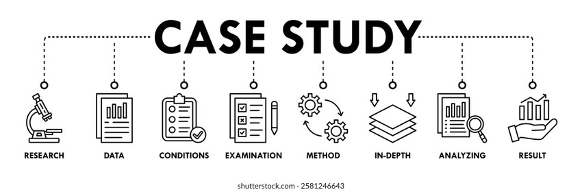 Case study banner web icon vector illustration concept with icon of research, data, conditions, examination, method, in-depth, analyzing, and result