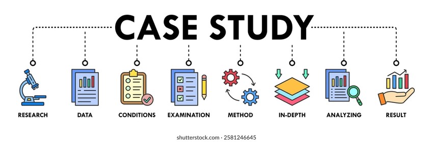 Case study banner web icon vector illustration concept with icon of research, data, conditions, examination, method, in-depth, analyzing, and result