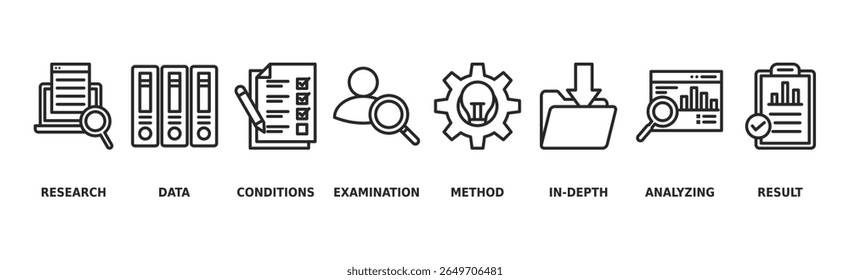 Estudo de caso banner web icon vetor illustration concept with icon of research, data, conditions, examen, method, in-depth, analysis, and result (Conceito de ilustração vetorial de ícone da Web com ícone de pesquisa, dados, condições, exame, método, detalhamento, análise e resultado)